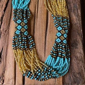 Turquoise golden beaded necklace • ethnic • Mexican